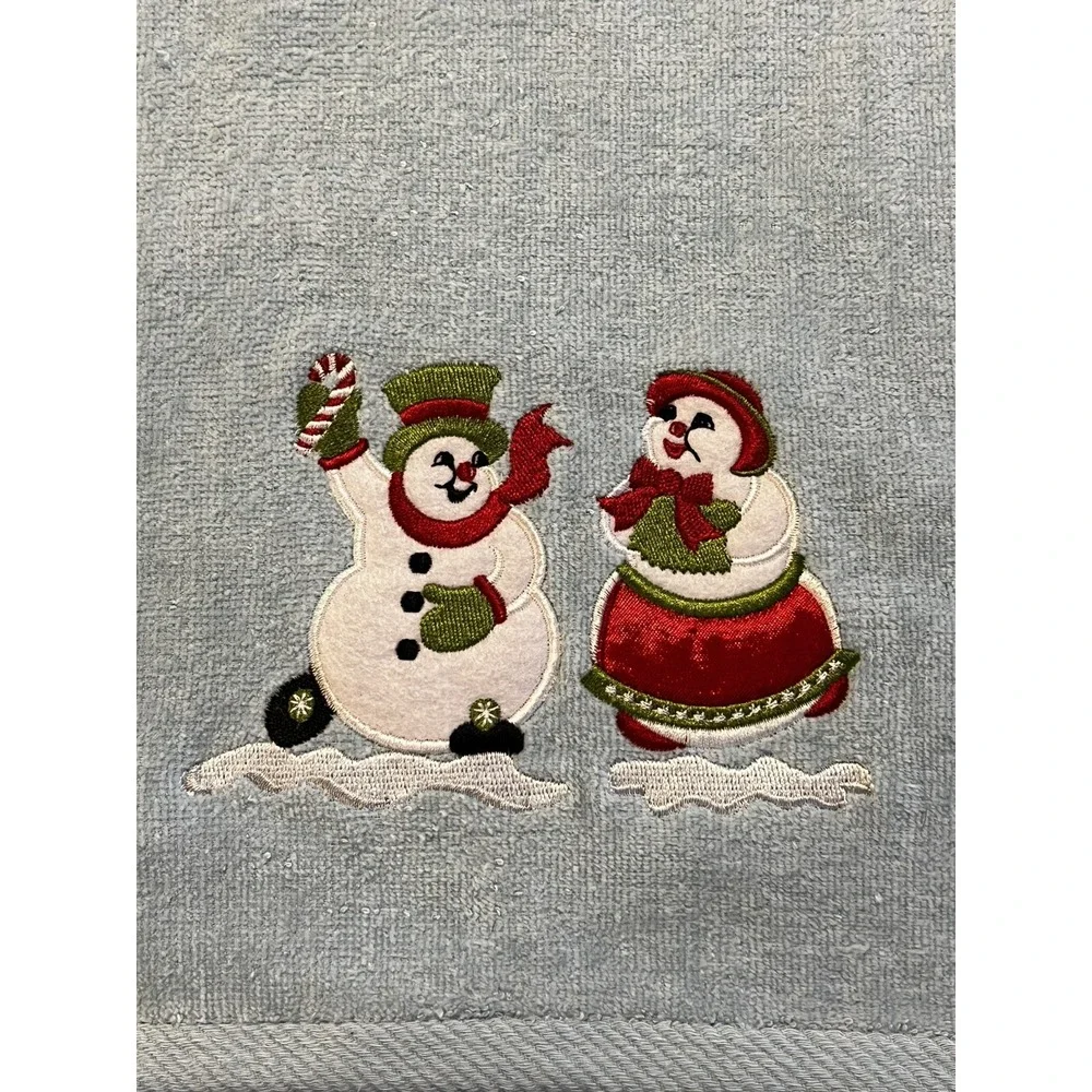 VTG Kmart Trim A Home Embroidered Snowmen‎ Couple Holiday Towel Light Blue NOS